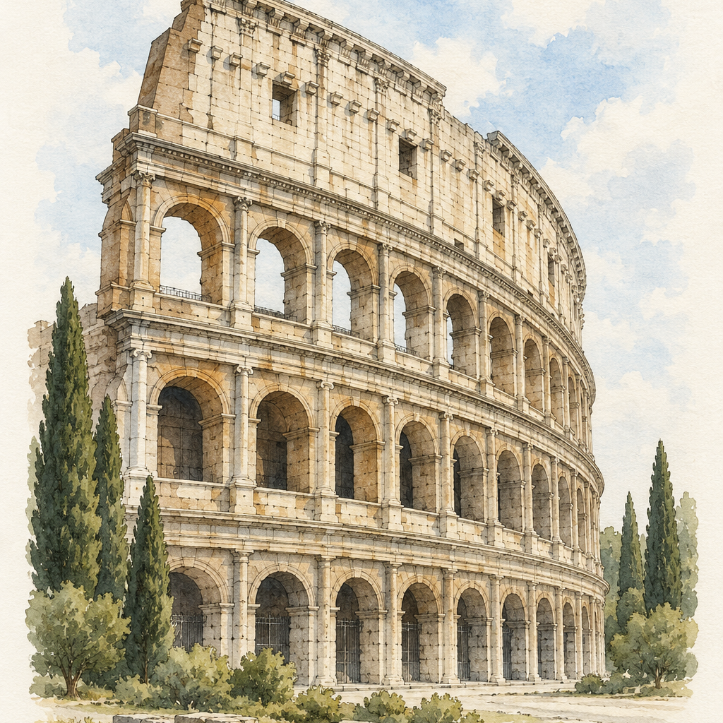 Colosseum in Soft Watercolour, Rome vertical ink and watercolour artwork