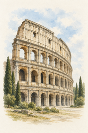 Colosseum in Soft Watercolour, Rome vertical ink and watercolour artwork
