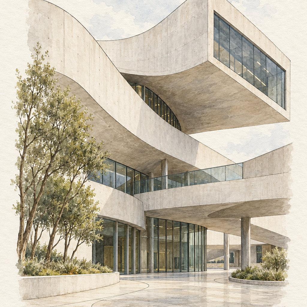 MAXXI Museum in Watercolour, Rome vertical ink and watercolour artwork