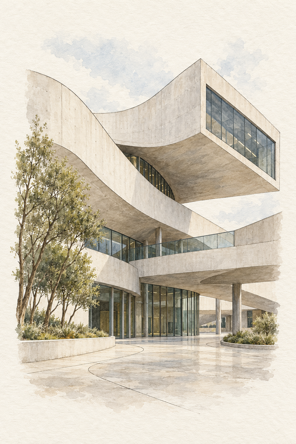 MAXXI Museum in Watercolour, Rome vertical ink and watercolour artwork