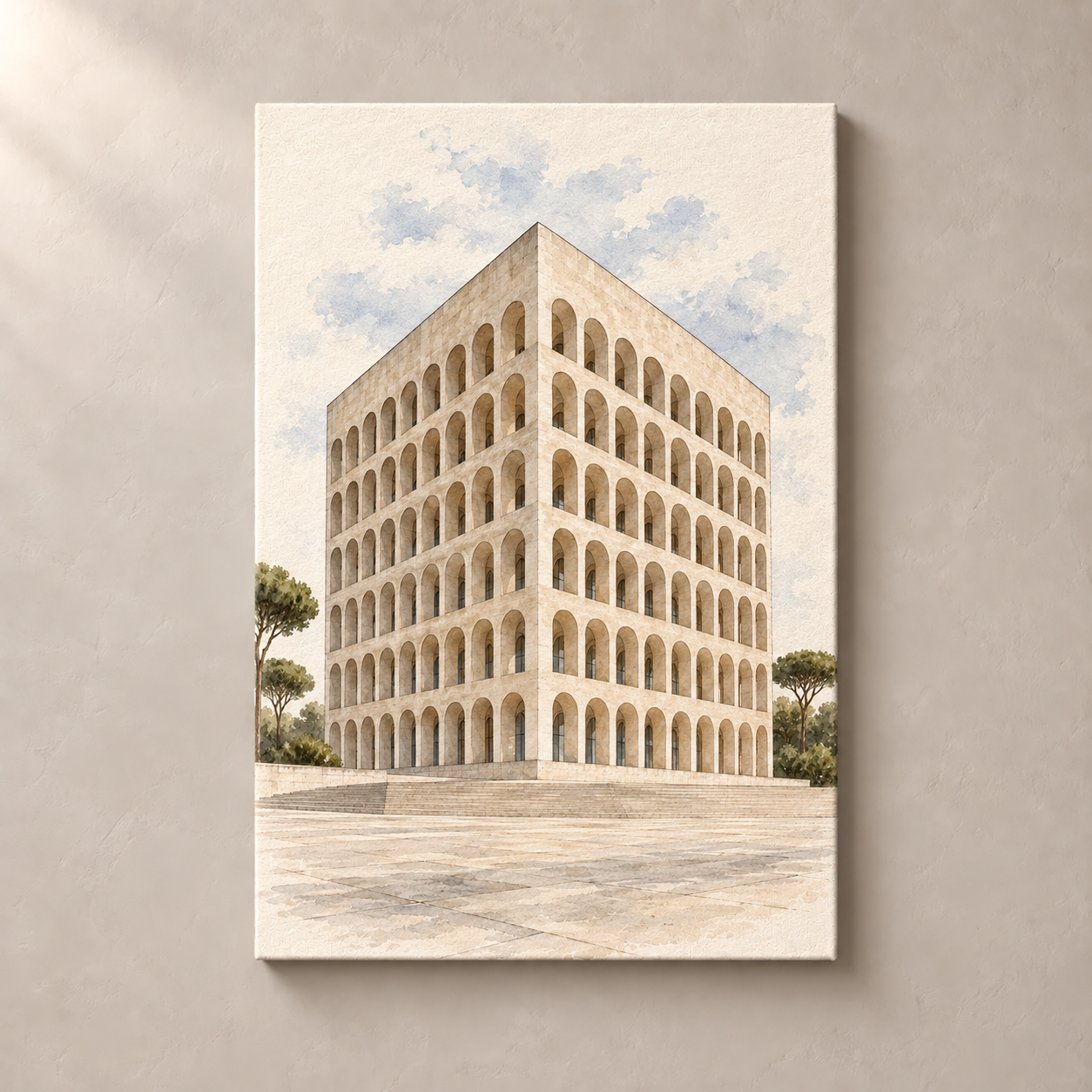 Palazzo della Civilta Italiana in Watercolour – canvas standalone mockup on beige wall