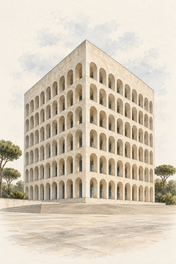 Palazzo della Civilta Italiana in Watercolour, Rome vertical ink and watercolour artwork