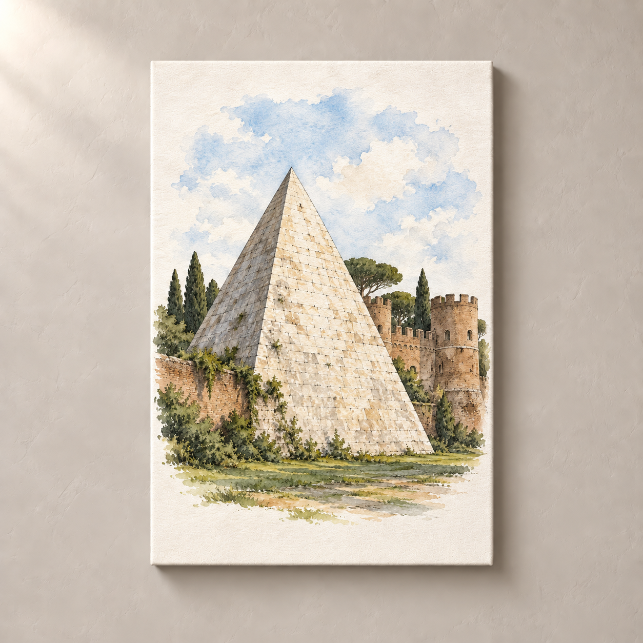 Pyramid of Cestius by the Aurelian Walls – canvas standalone mockup on beige wall