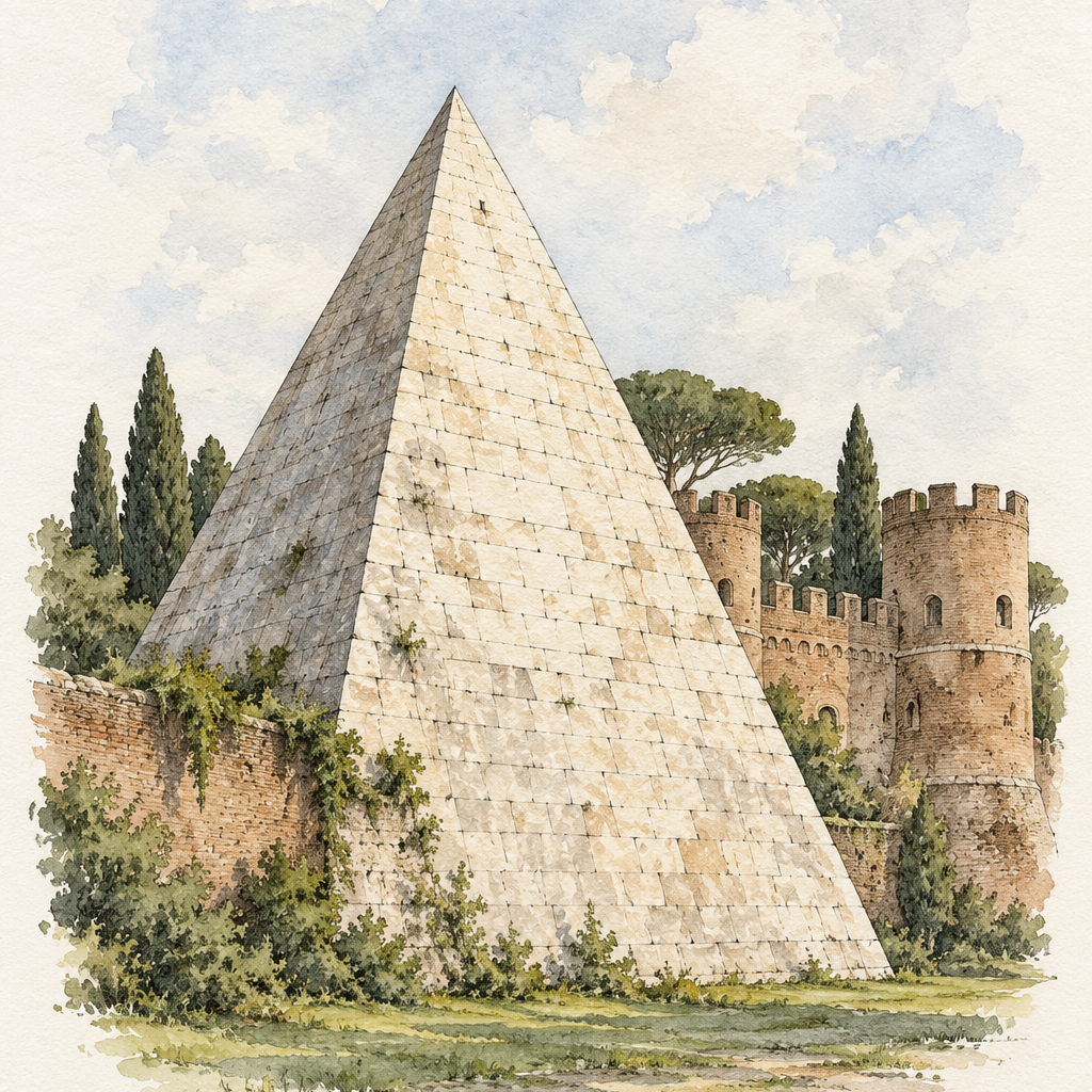 Pyramid of Cestius by the Aurelian Walls, Rome vertical ink and watercolour artwork