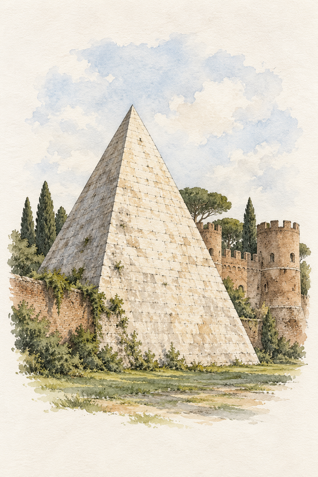 Pyramid of Cestius by the Aurelian Walls, Rome vertical ink and watercolour artwork
