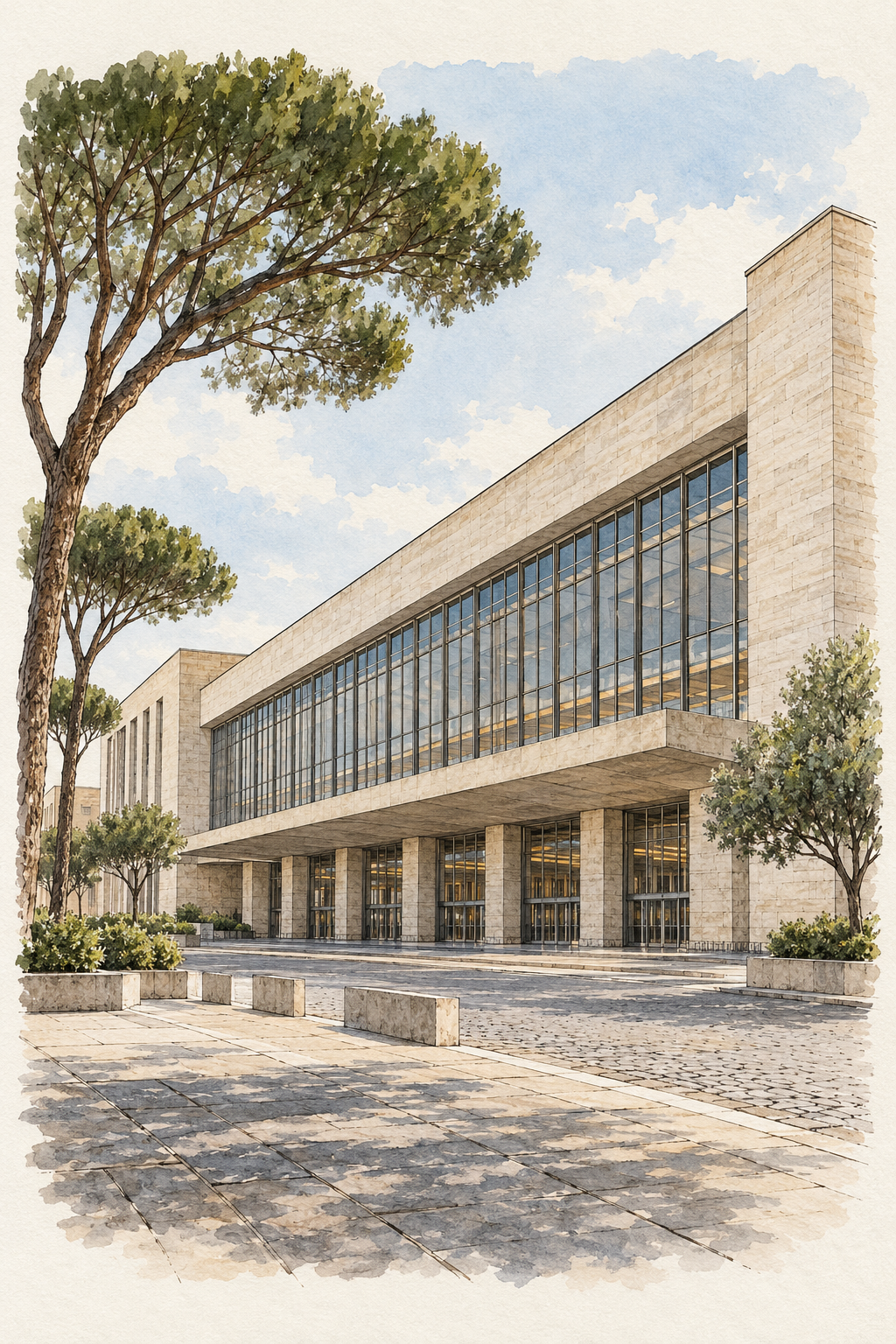 Roma Termini in Watercolour, Rome vertical ink and watercolour artwork