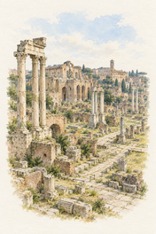Roman Forum in Quiet Watercolour, Rome vertical ink and watercolour artwork