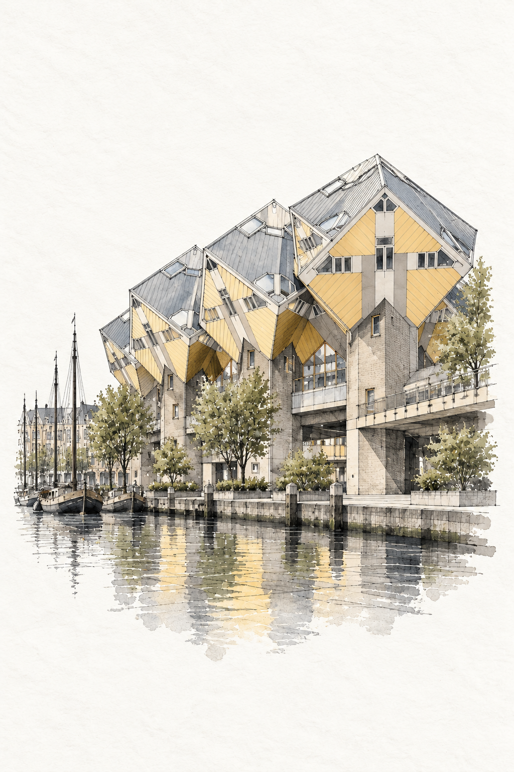 Cube Houses by Oude Haven, vertical ink and watercolour artwork