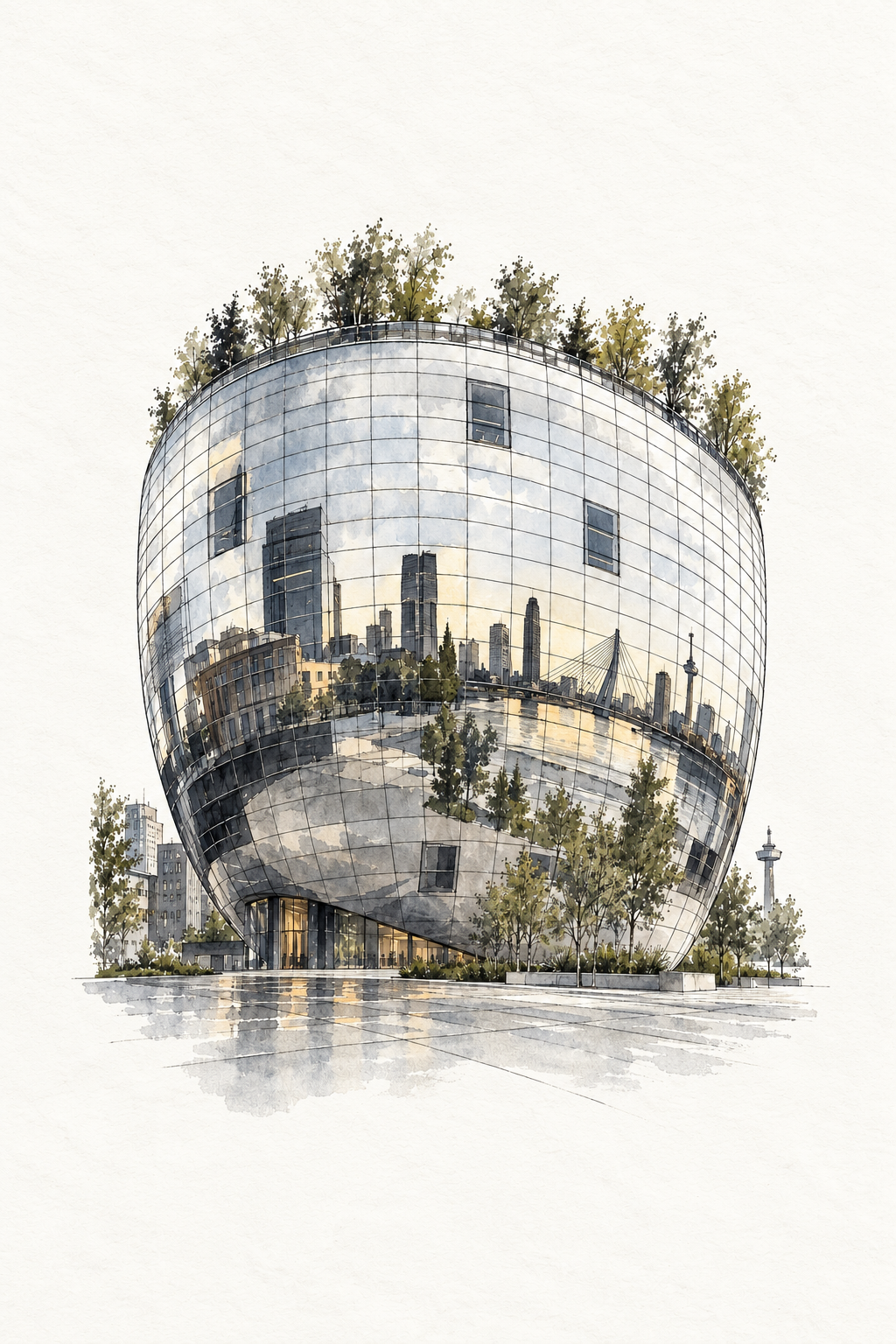 Depot Boijmans Van Beuningen Rotterdam, vertical ink and watercolour artwork