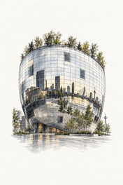 Depot Boijmans Van Beuningen Rotterdam, vertical ink and watercolour artwork