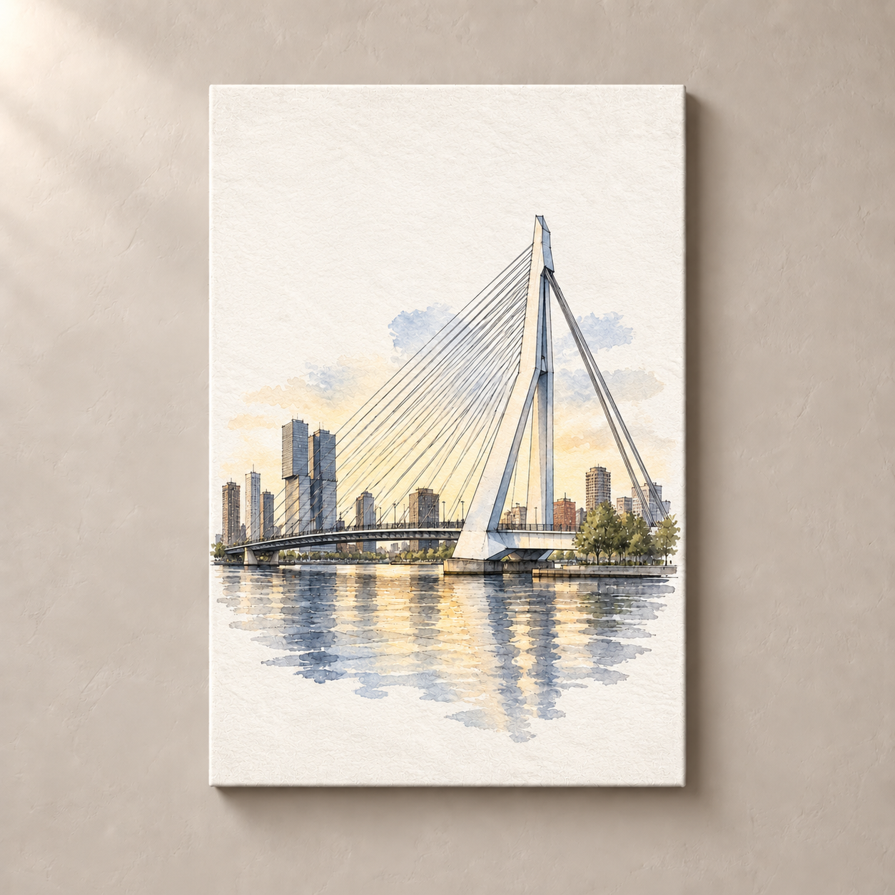 Erasmus Bridge in Quiet Watercolour – canvas standalone mockup on beige wall