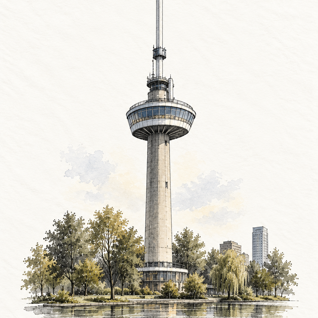 Euromast Above Het Park, vertical ink and watercolour artwork