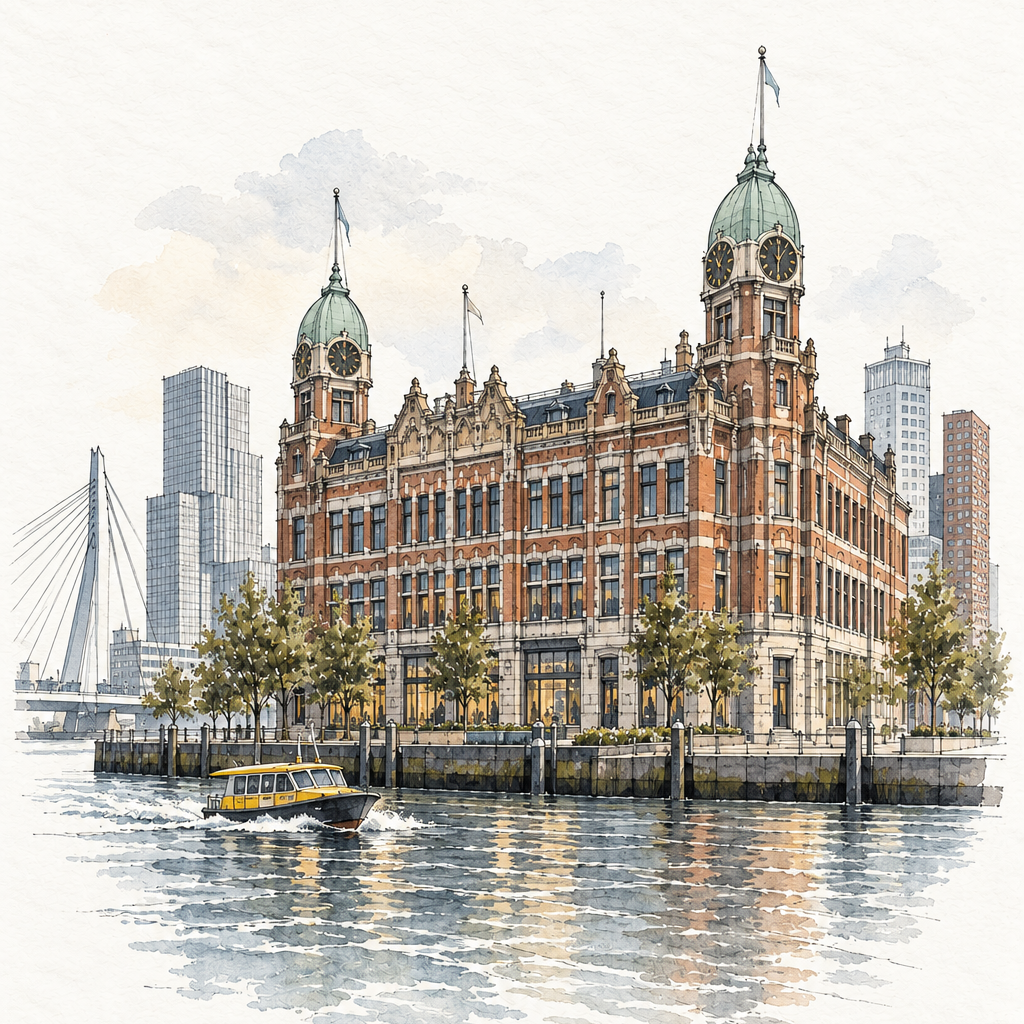 Hotel New York by the Maas, vertical ink and watercolour artwork