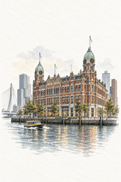 Hotel New York by the Maas, vertical ink and watercolour artwork