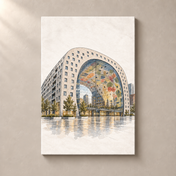 Rotterdam Markthal in Ink Wash – canvas standalone mockup on beige wall