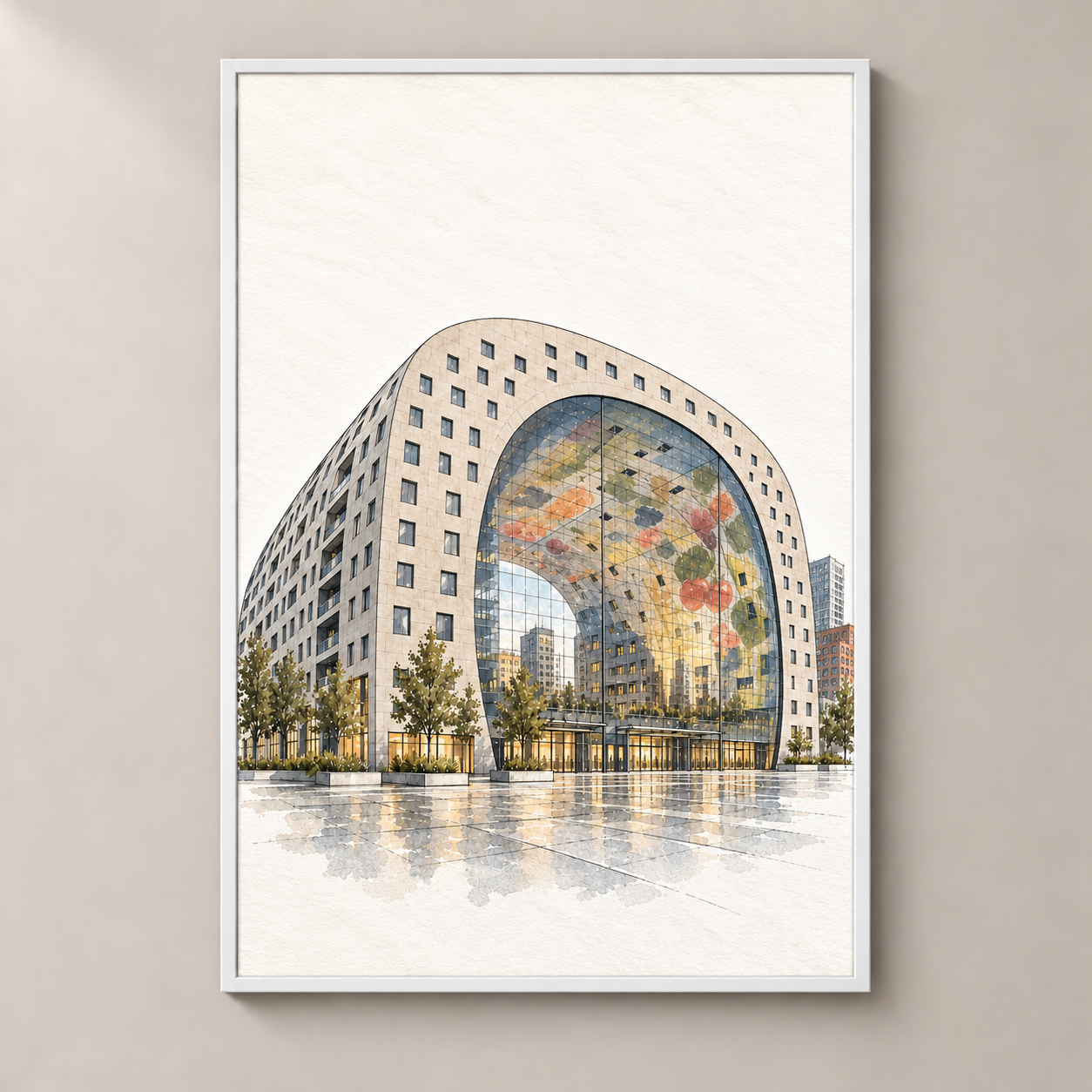 Rotterdam Markthal in Ink Wash – poster standalone mockup on beige wall