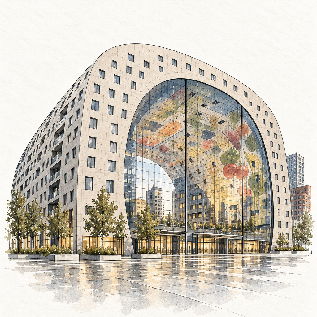 Rotterdam Markthal in Ink Wash, vertical ink and watercolour artwork