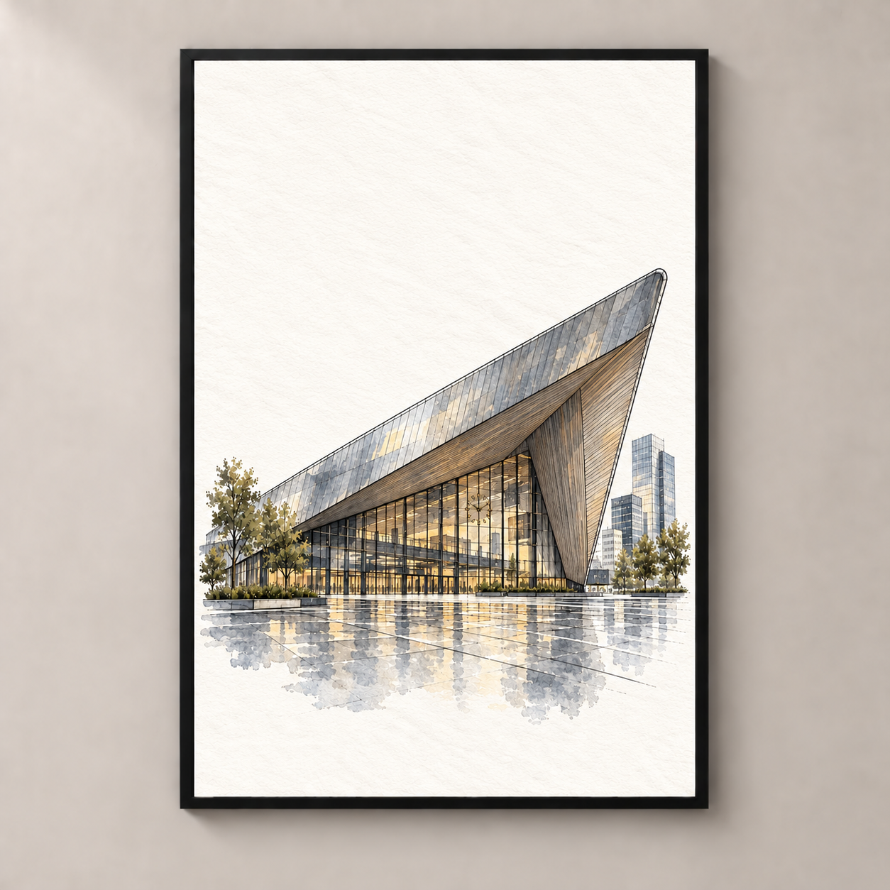 Rotterdam Centraal in Ink and Wash – poster standalone mockup on beige wall