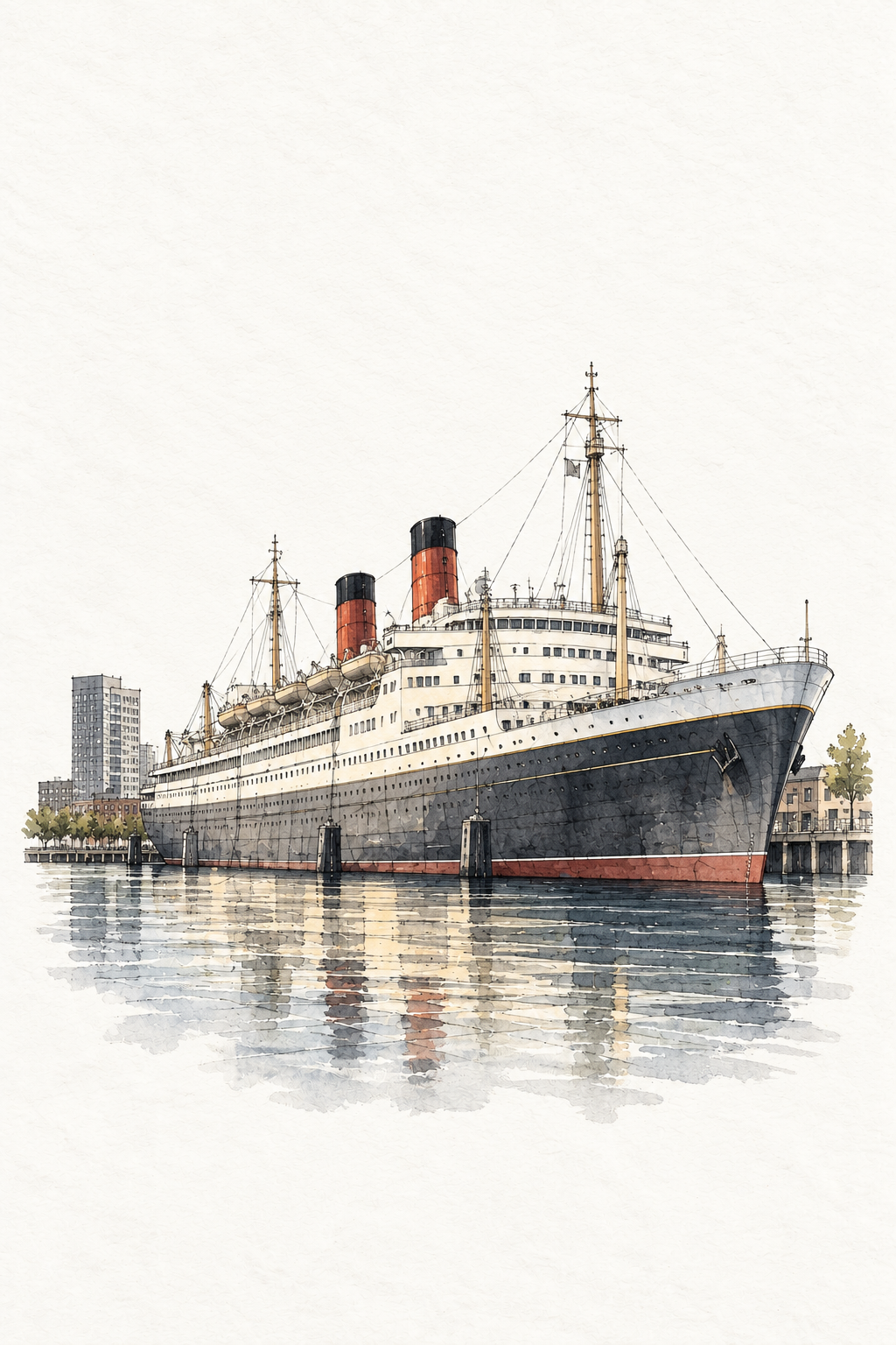 SS Rotterdam at Katendrecht, vertical ink and watercolour artwork