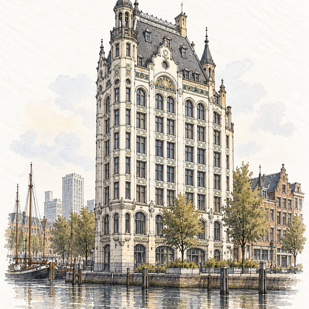 Witte Huis by Oude Haven, vertical ink and watercolour artwork
