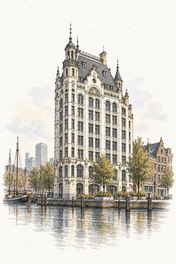 Witte Huis by Oude Haven, vertical ink and watercolour artwork
