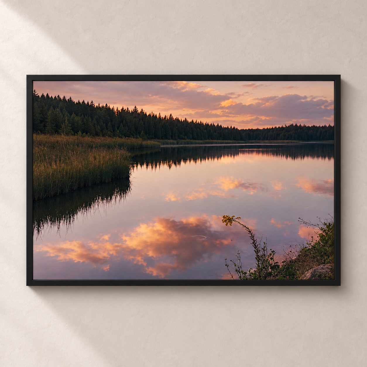 Stillwater Pines horizontal poster in a black frame, front view on a warm neutral wall