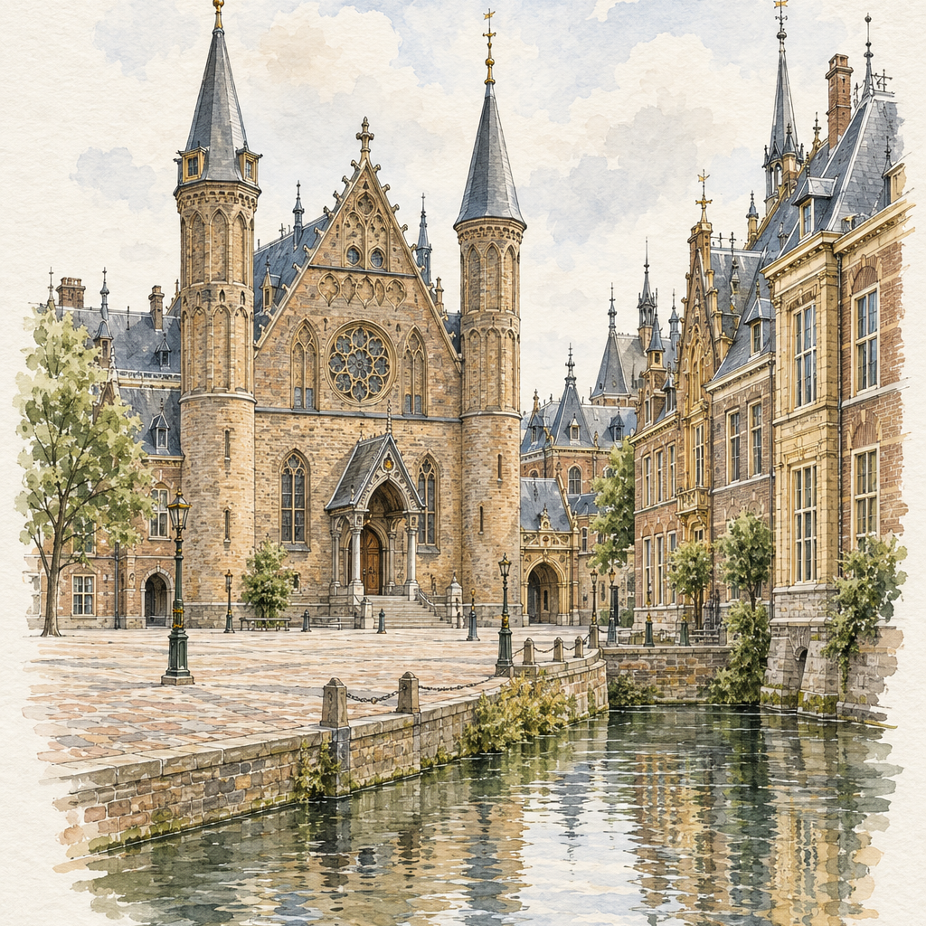 Binnenhof in Watercolour, The Hague vertical ink and watercolour artwork