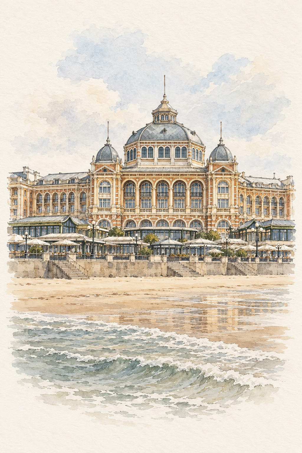 Kurhaus by the Sea in Scheveningen, The Hague vertical ink and watercolour artwork