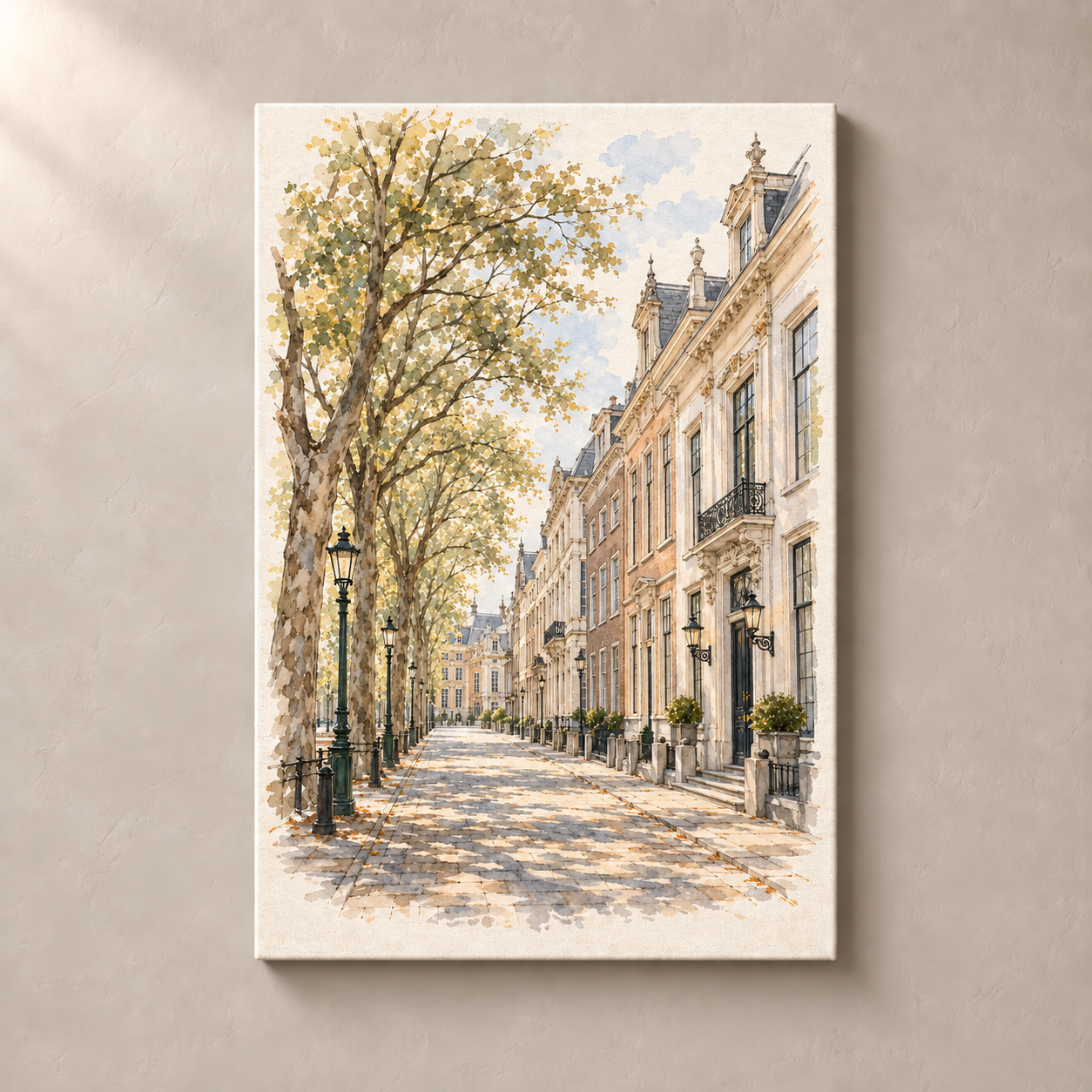 Lange Voorhout in Soft Watercolour – canvas standalone mockup on beige wall