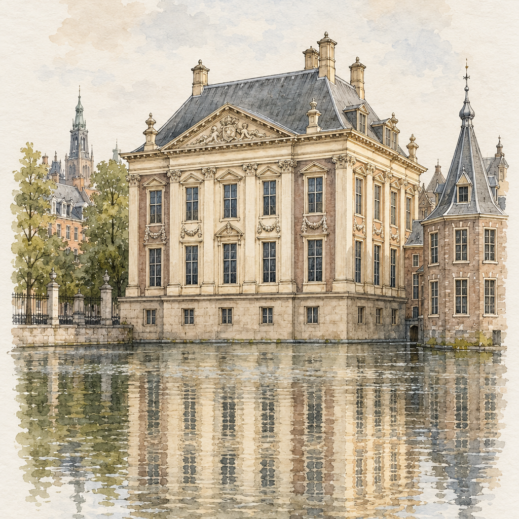 Mauritshuis by the Hofvijver, The Hague vertical ink and watercolour artwork