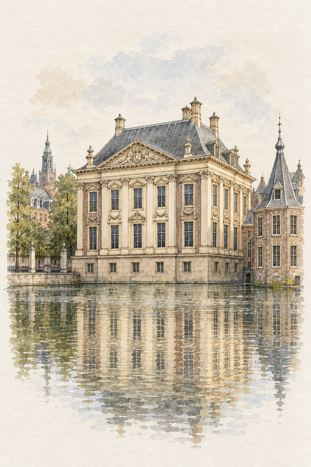 Mauritshuis by the Hofvijver, The Hague vertical ink and watercolour artwork