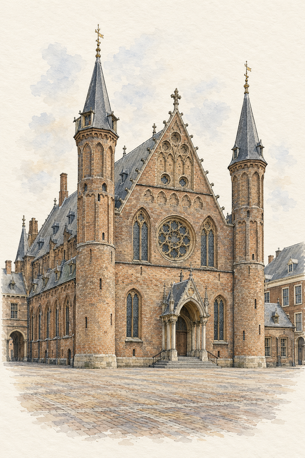 Ridderzaal at the Binnenhof, The Hague vertical ink and watercolour artwork