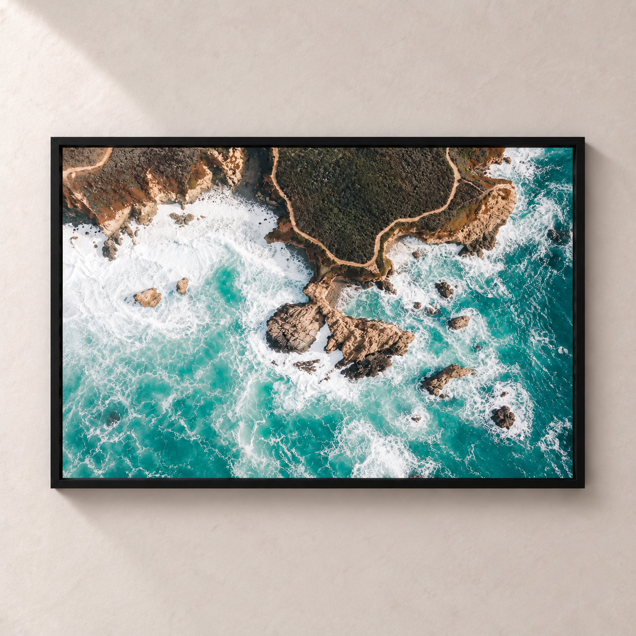Tidal Memory horizontal poster in a black frame, front view on a warm neutral wall