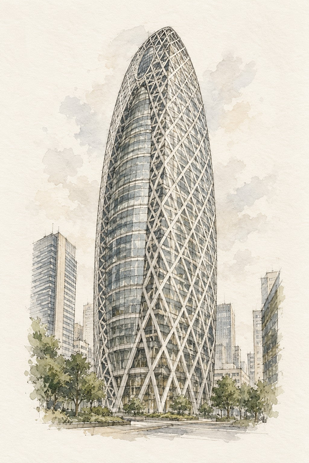 Mode Gakuen Cocoon Tower, Tokyo vertical ink and watercolour artwork