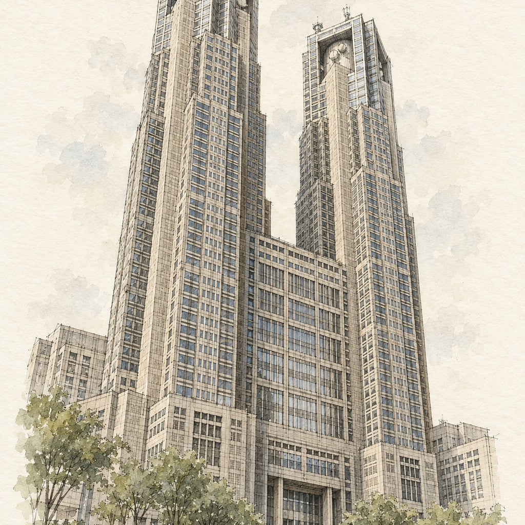 Tokyo Metropolitan Government Building, Tokyo vertical ink and watercolour artwork