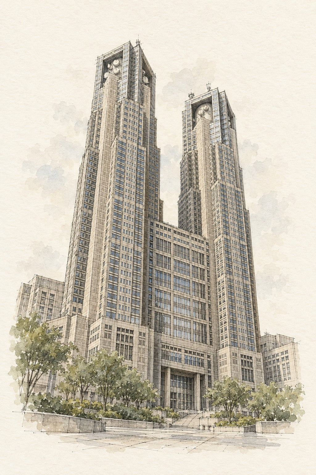 Tokyo Metropolitan Government Building, Tokyo vertical ink and watercolour artwork