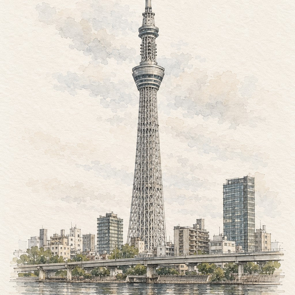 Tokyo Skytree above the City, Tokyo vertical ink and watercolour artwork