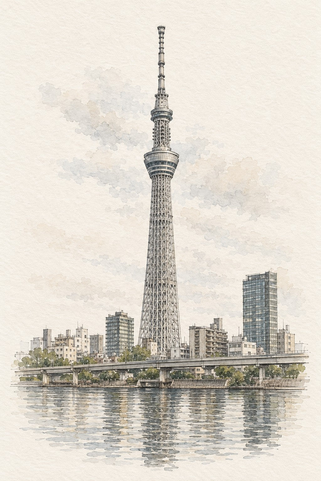 Tokyo Skytree above the City, Tokyo vertical ink and watercolour artwork