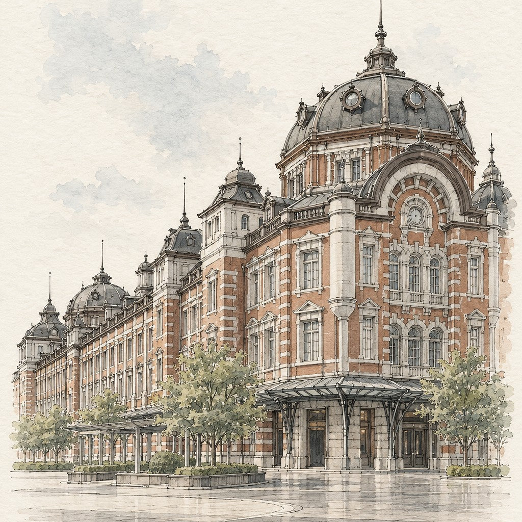 Tokyo Station in Watercolour, Tokyo vertical ink and watercolour artwork