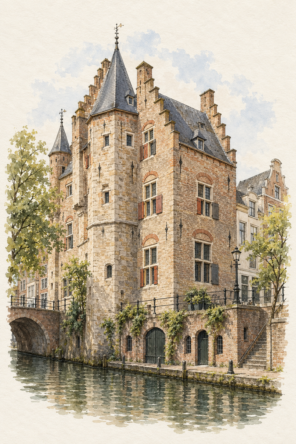 Oudaen Castle by the Oudegracht, Utrecht vertical ink and watercolour artwork