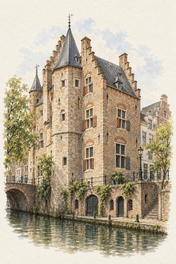 Oudaen Castle by the Oudegracht, Utrecht vertical ink and watercolour artwork