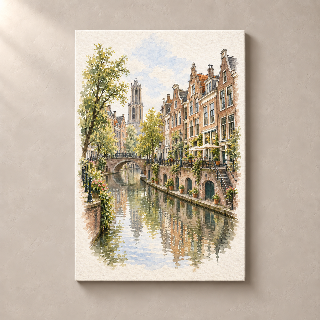 Utrecht Oudegracht and Wharf Cellars – canvas standalone mockup on beige wall
