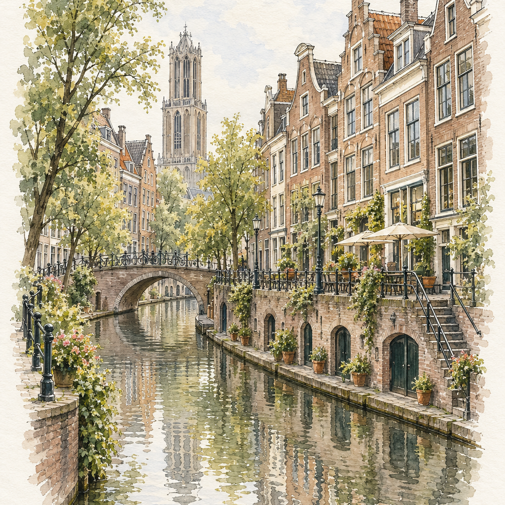 Utrecht Oudegracht and Wharf Cellars, Utrecht vertical ink and watercolour artwork