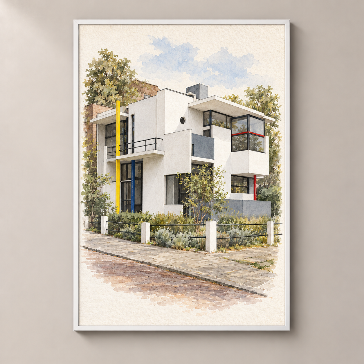 Rietveld Schroder House in Watercolour – poster standalone mockup on beige wall