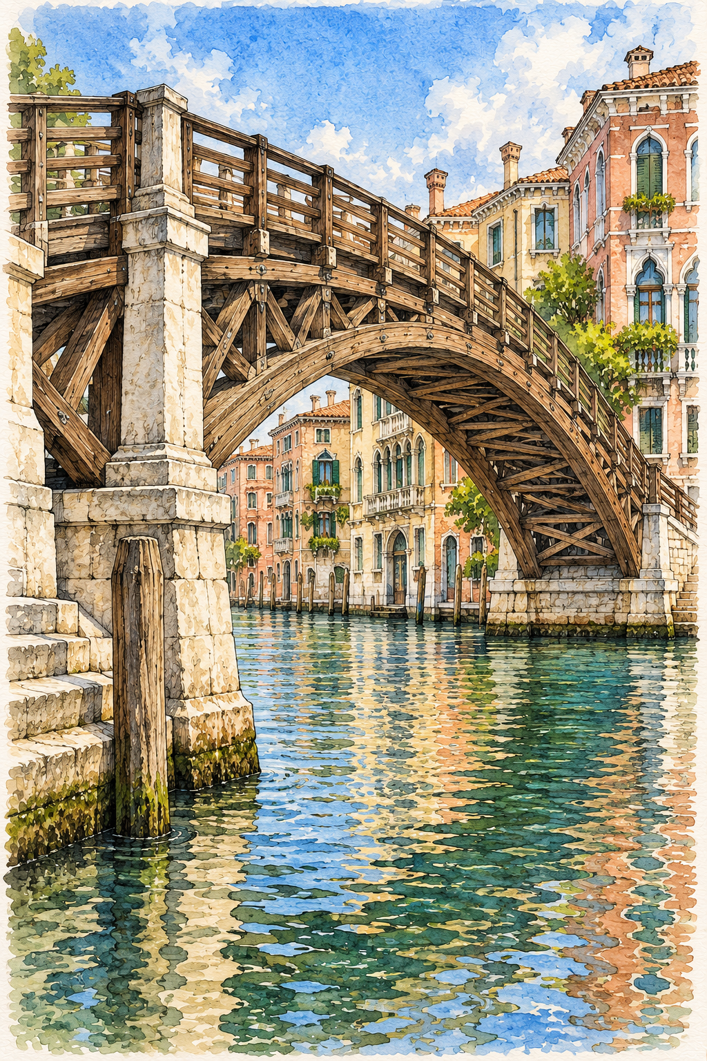 Accademia Bridge over the Grand Canal, Venice vertical ink and watercolour artwork