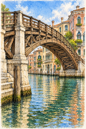Accademia Bridge over the Grand Canal, Venice vertical ink and watercolour artwork
