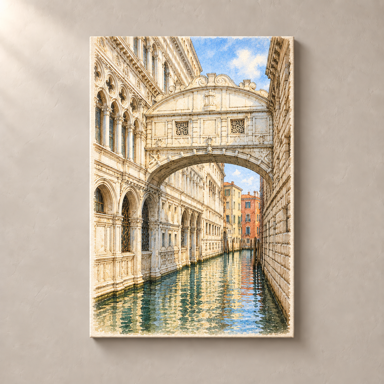 Bridge of Sighs over a Quiet Canal – canvas standalone mockup on beige wall