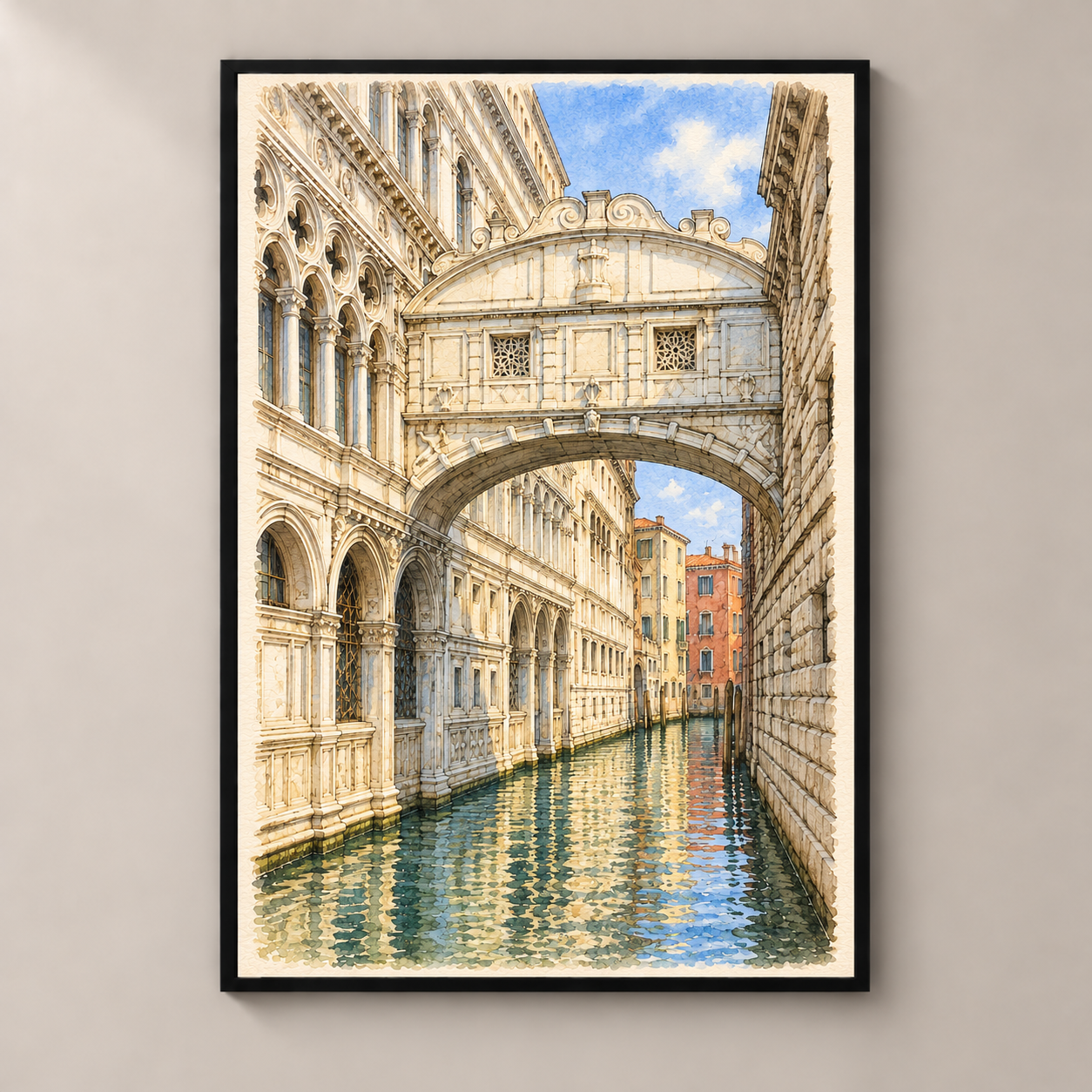 Bridge of Sighs over a Quiet Canal – poster standalone mockup on beige wall