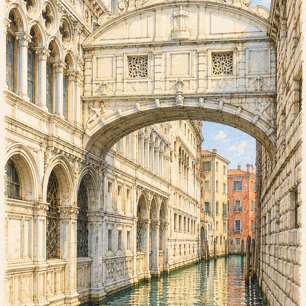 Bridge of Sighs over a Quiet Canal, Venice vertical ink and watercolour artwork