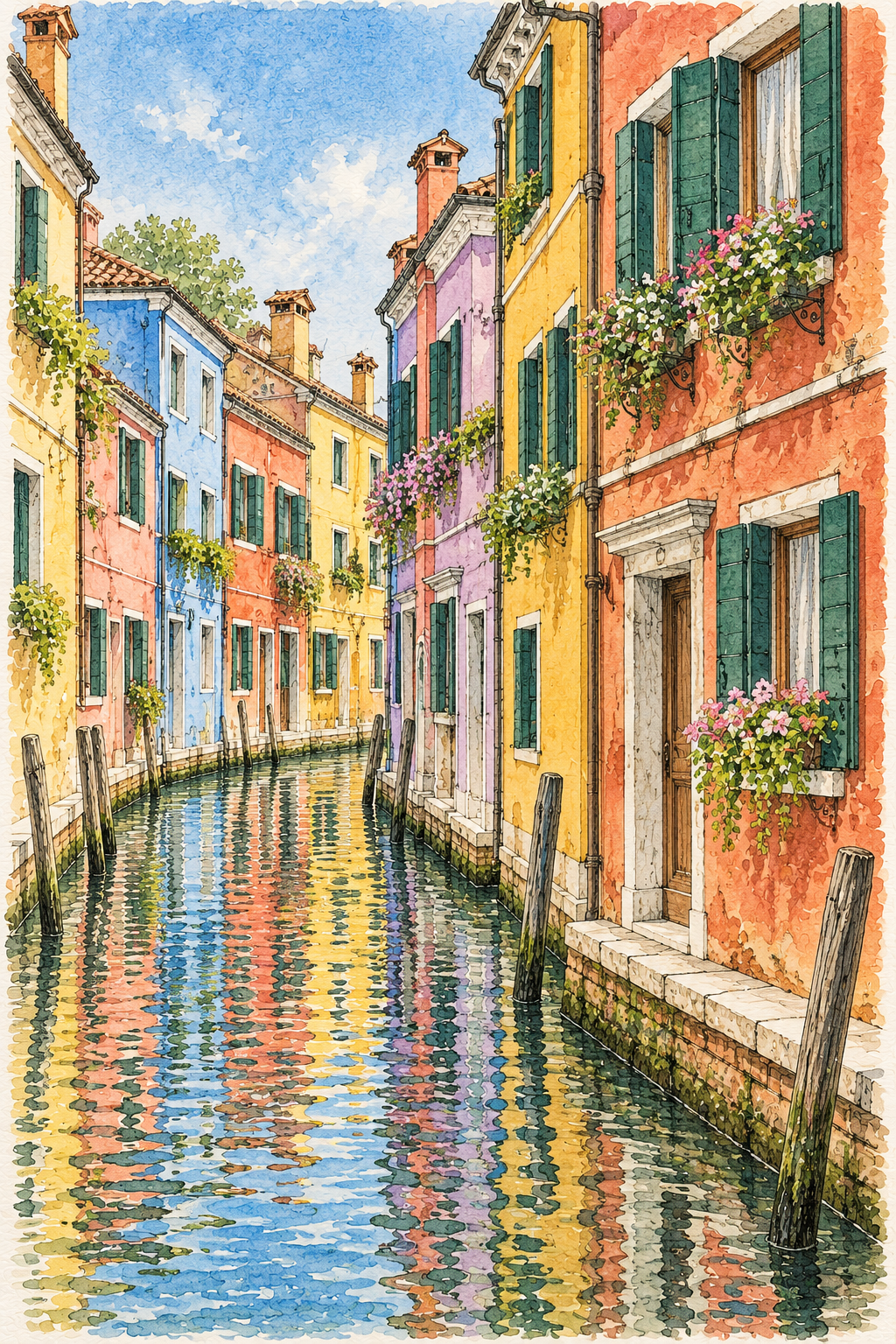 Burano Canal and Colourful Houses, Venice vertical ink and watercolour artwork